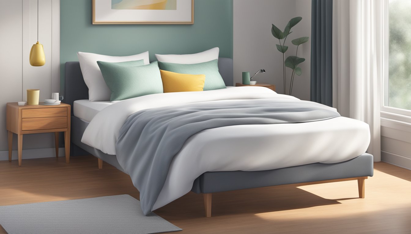 A super single pull-out bed with clean, crisp white sheets and a cozy comforter. The bed is neatly made, with fluffy pillows arranged at the head