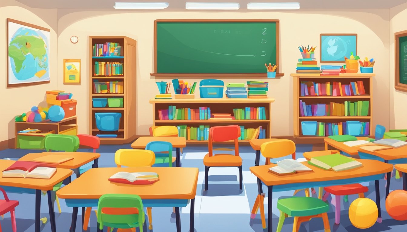A colorful classroom with small chairs and tables, educational posters on the walls, and shelves filled with books and toys. A teacher's desk is at the front of the room with a whiteboard for lessons