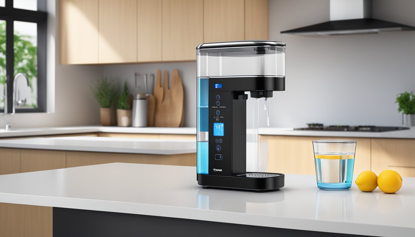 A Toyomi water dispenser sits on a kitchen countertop, with a sleek, modern design and a digital display. A glass is being filled with clear, refreshing water from the dispenser's spout