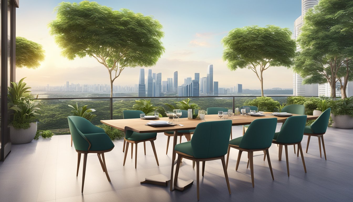 An outdoor dining set in Singapore, with a sleek table and chairs, surrounded by lush greenery and a view of the city skyline