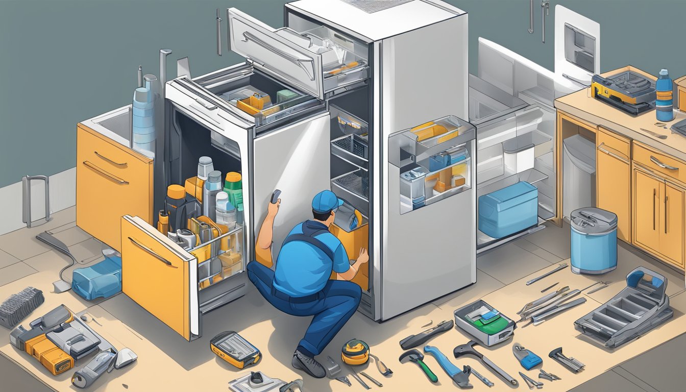 A technician fixing a fridge with tools and spare parts scattered nearby