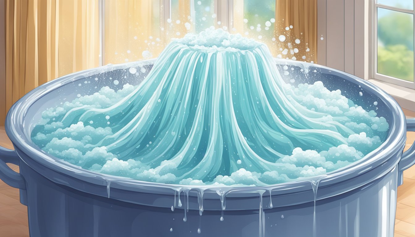 Curtains being washed in a large basin of soapy water, with a gentle scrubbing motion and water splashing