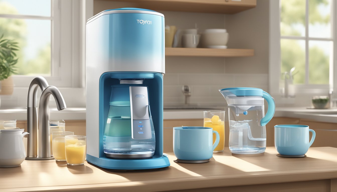 A Toyomi water dispenser sits on a kitchen countertop, surrounded by various sized cups and a water jug. It is illuminated by natural light coming in through a nearby window, casting a soft glow on the appliance