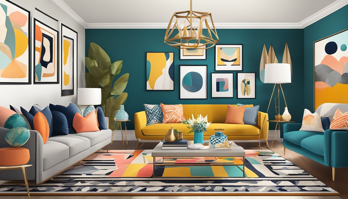 A living room with a mix of modern and vintage furniture, bold patterns, and vibrant colors. Accessories include abstract art, geometric rugs, and metallic accents