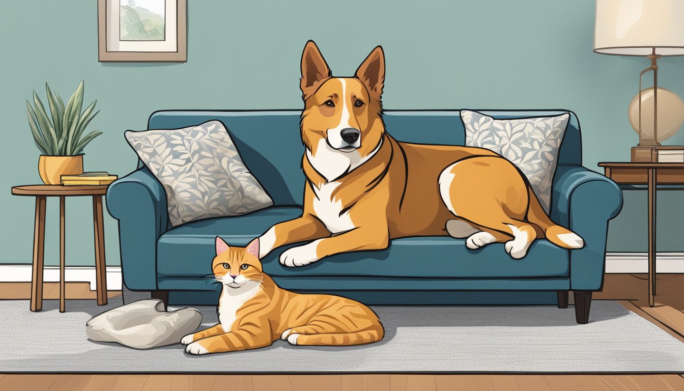 A dog lounges on a comfortable sofa, while a cat sits nearby, both looking content and relaxed. The sofa is spacious and inviting, with pet-friendly fabric and ample cushioning