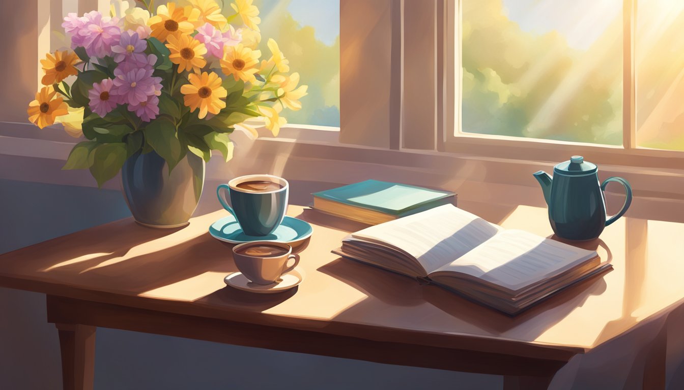 A corner table with a vase of flowers, a steaming cup of coffee, and a stack of books. Sunlight streams in through the window, casting long shadows on the table