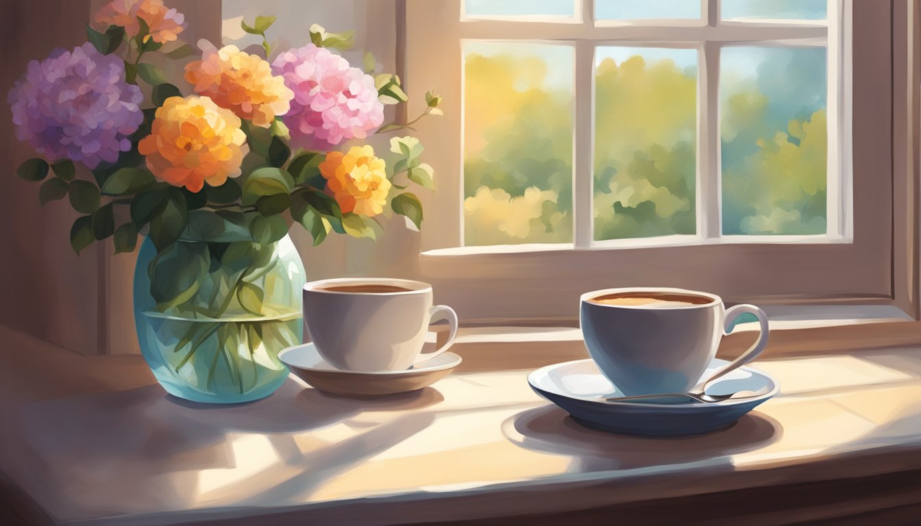 A cozy corner table sits by the window, bathed in warm sunlight. A vase of fresh flowers adds a touch of color, while a steaming cup of coffee awaits on the table