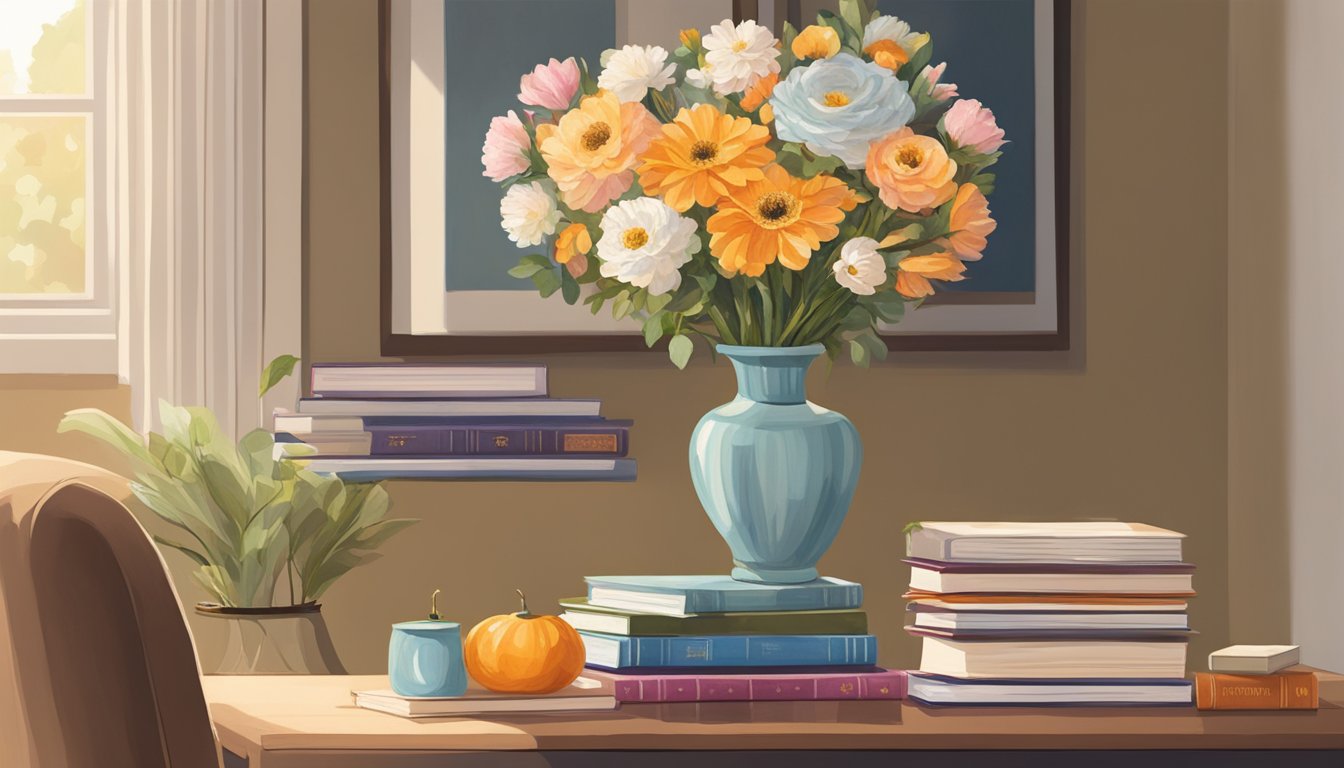 A vase of fresh flowers sits on the corner table, next to a stack of books and a decorative lamp. A cozy throw blanket is draped over the edge, creating a warm and inviting atmosphere