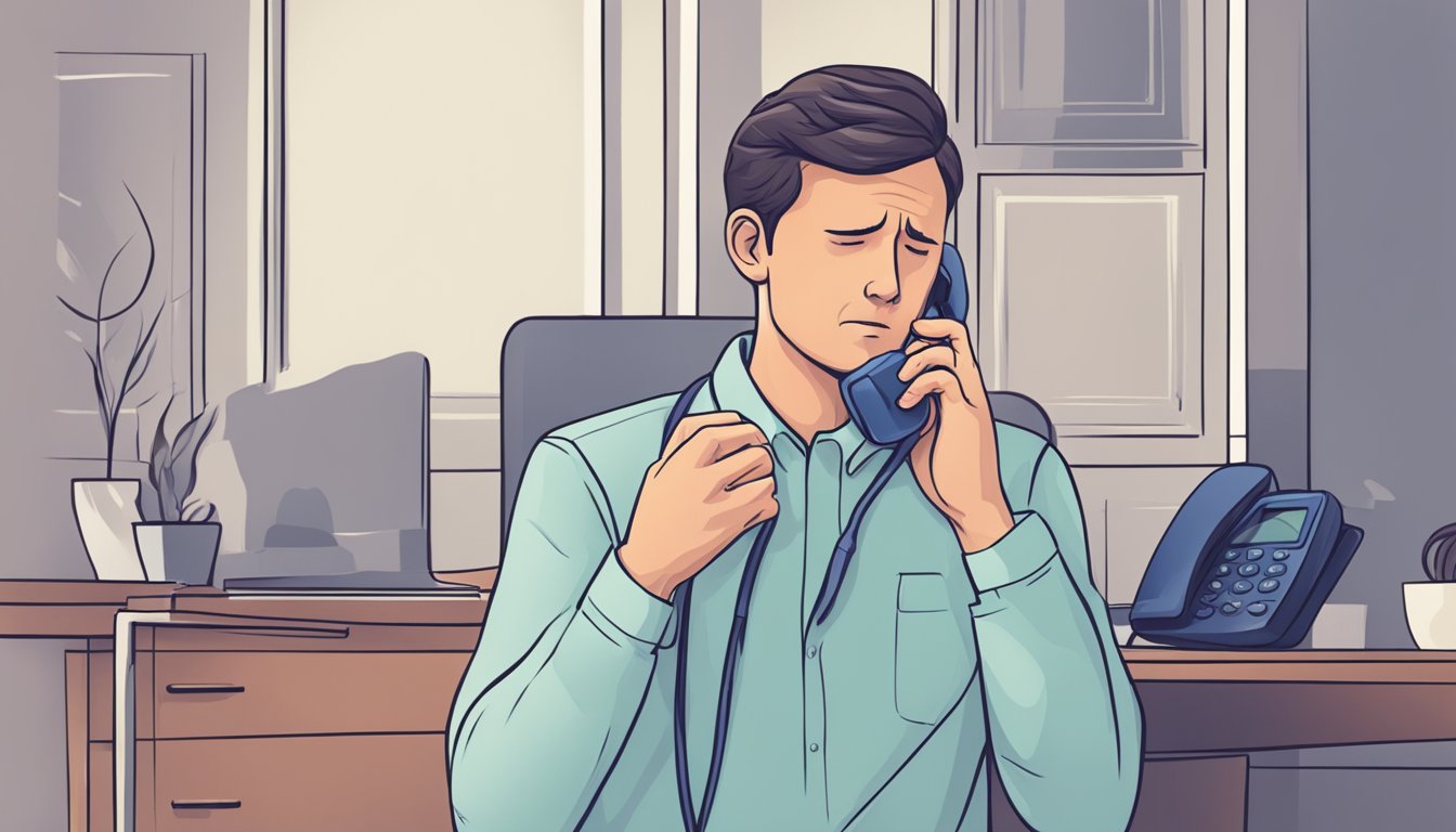 A man experiencing chest pain, shortness of breath, and dizziness. He is clutching his chest and reaching for his phone to call for help