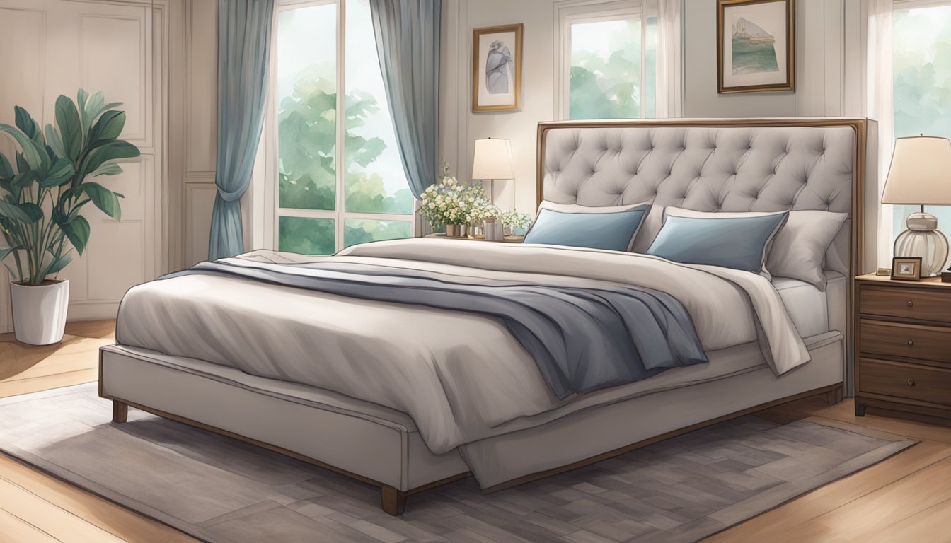 A queen size bed, measuring 152 cm x 203 cm, sits in a cozy Singaporean bedroom, adorned with plush pillows and a soft duvet