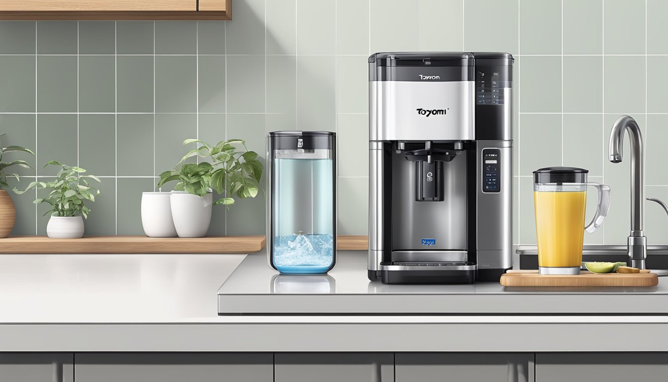 A Toyomi water dispenser sits on a kitchen countertop, surrounded by various accessories like cups, mugs, and a water pitcher. The dispenser's sleek design and modern features are highlighted in the illustration