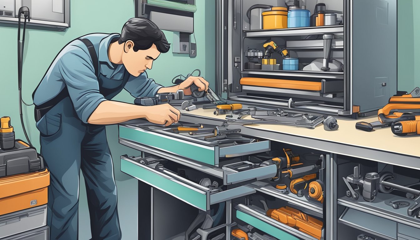 A technician carefully selects the appropriate tools and parts from a neatly organized workbench, ready to repair a broken fridge