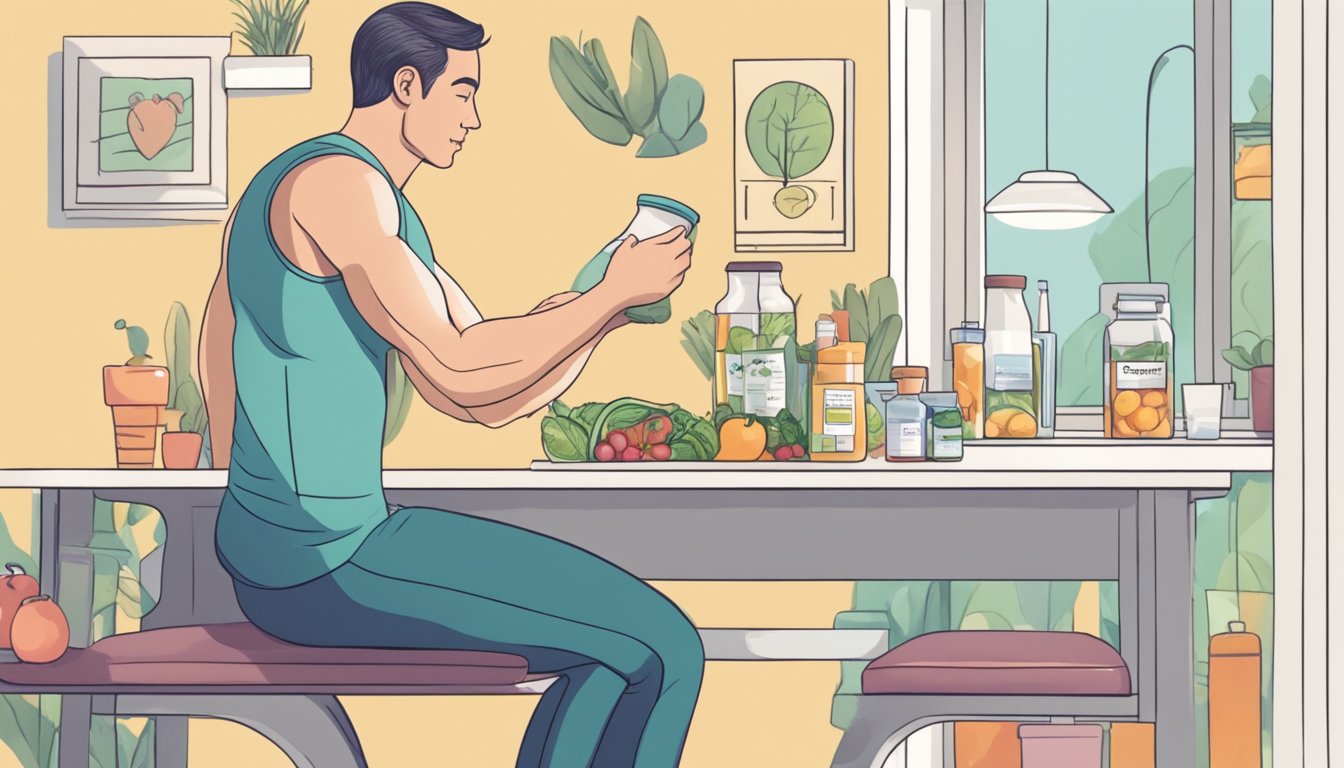 A man exercising, eating healthy, and taking medication to manage his heart health and prevent heart attack symptoms