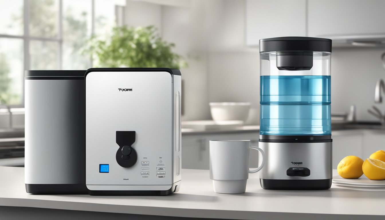 A Toyomi water dispenser sits on a kitchen counter, with a stack of cups nearby. The dispenser features a sleek design and a digital display, while the cups are neatly stacked and ready for use