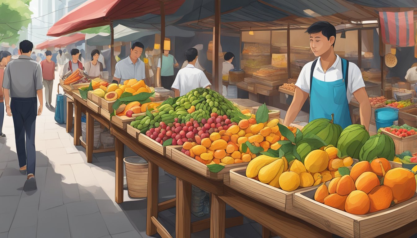 A wooden table sits in a bustling Singapore street market, adorned with vibrant fruits and traditional Asian spices