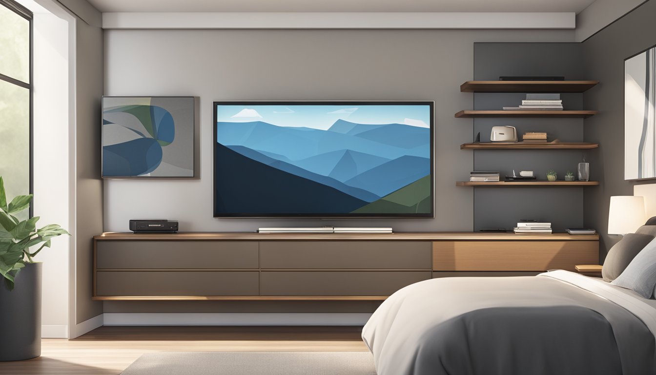 A sleek, modern TV console sits against the bedroom wall, with a flat-screen TV mounted above it. The console has clean lines and ample storage space for electronics and media