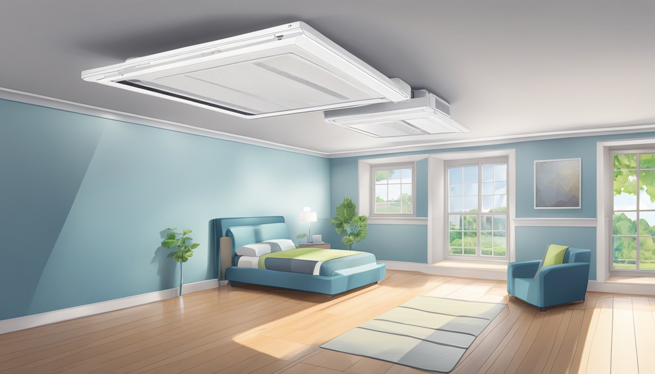 A room with a ceiling-mounted air conditioning unit set to a specific mode, with air vents visible and air flowing out