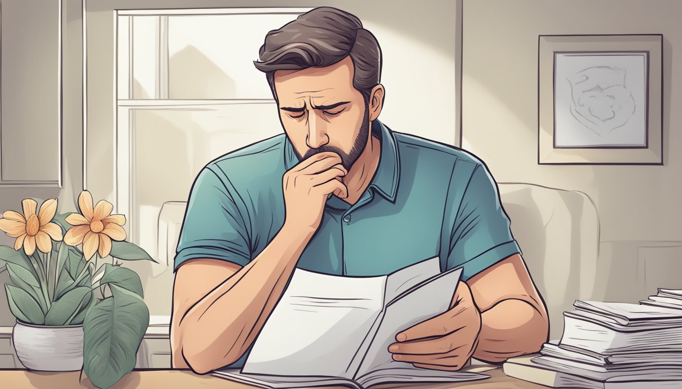 A man reading a list of common heart attack symptoms with a worried expression