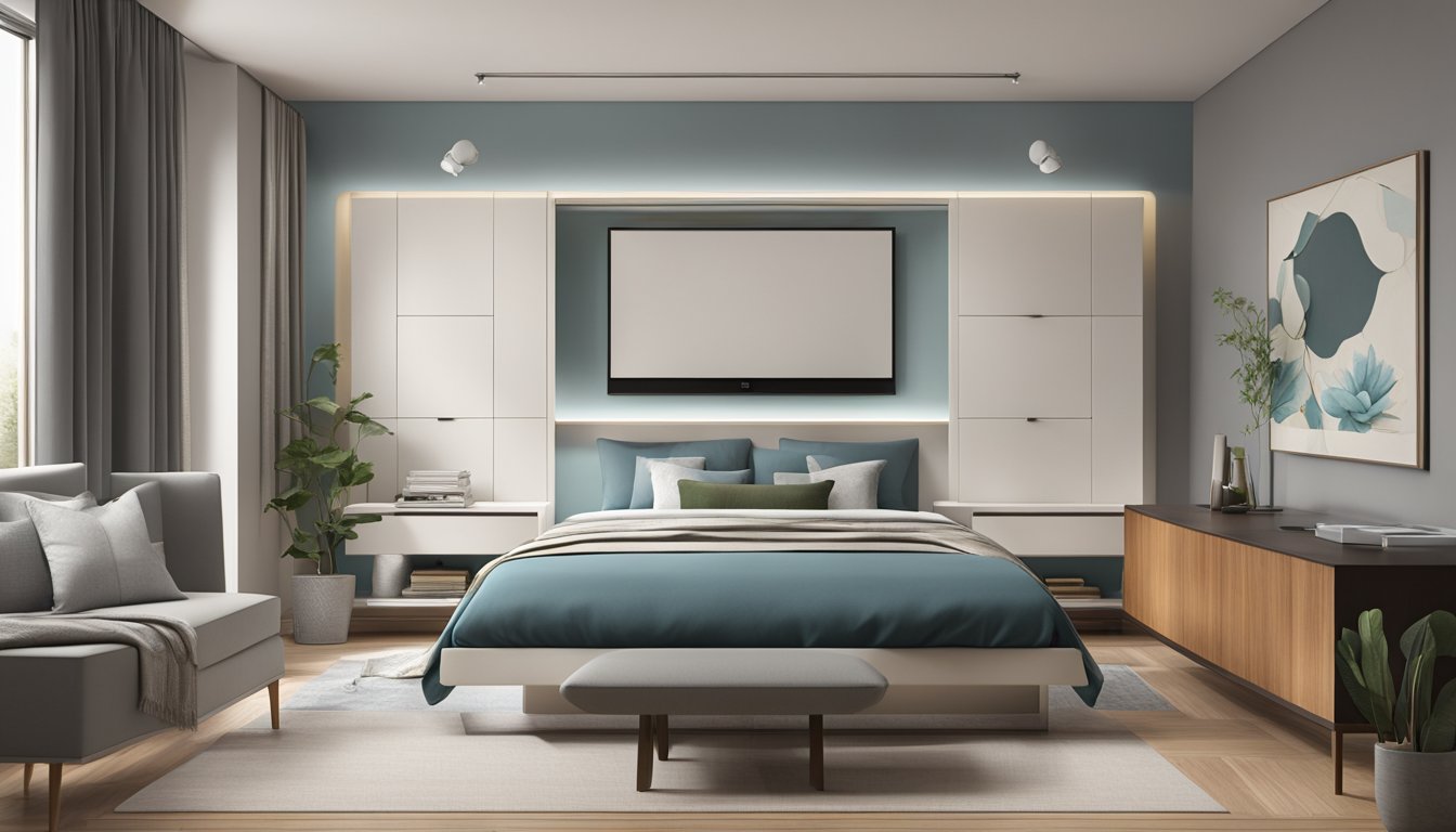 A sleek, modern TV console sits against the bedroom wall, with a flat-screen TV mounted above it. The console features ample storage space and a clean, minimalist design, adding a touch of sophistication to the room