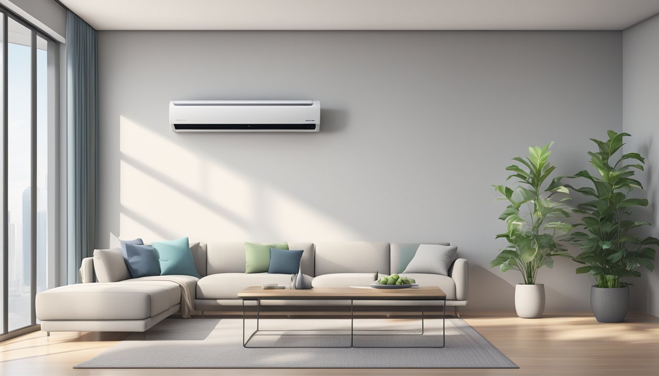 A modern air conditioning unit installed on a sleek, minimalist wall in a Singaporean office, with a digital thermostat displaying a comfortable temperature setting