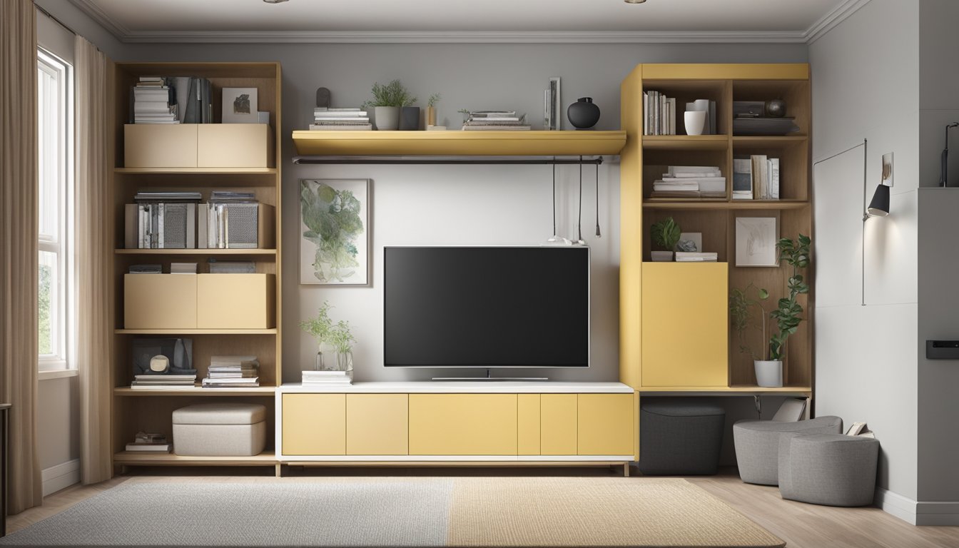 A TV console is positioned against the bedroom wall, with shelves and compartments to optimize storage. The TV is mounted above the console, with cords neatly organized