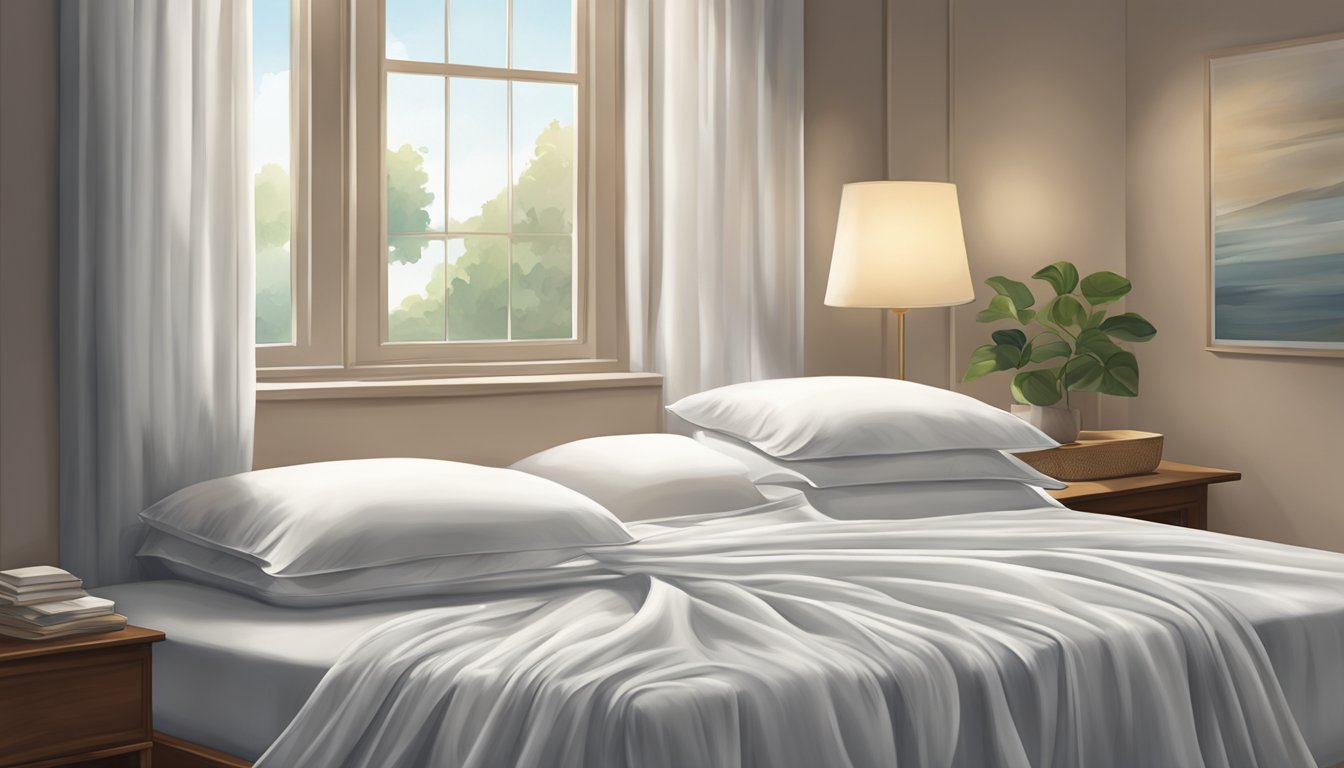 Cooling bed sheets draped over a mattress, with a gentle breeze flowing through an open window, creating a sense of calm and comfort