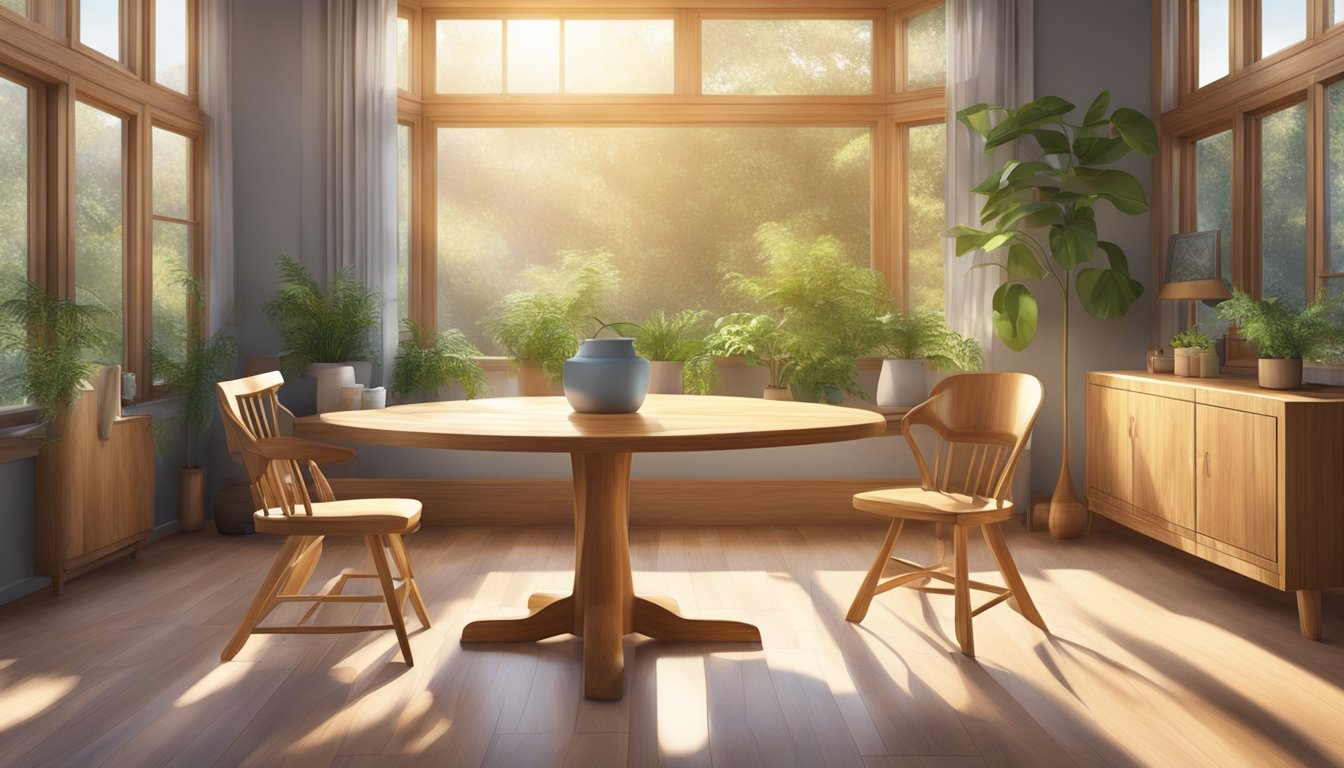 A solid wood table sits in a sunlit room, surrounded by natural elements. The grain of the wood is rich and inviting, showcasing the beauty of nature
