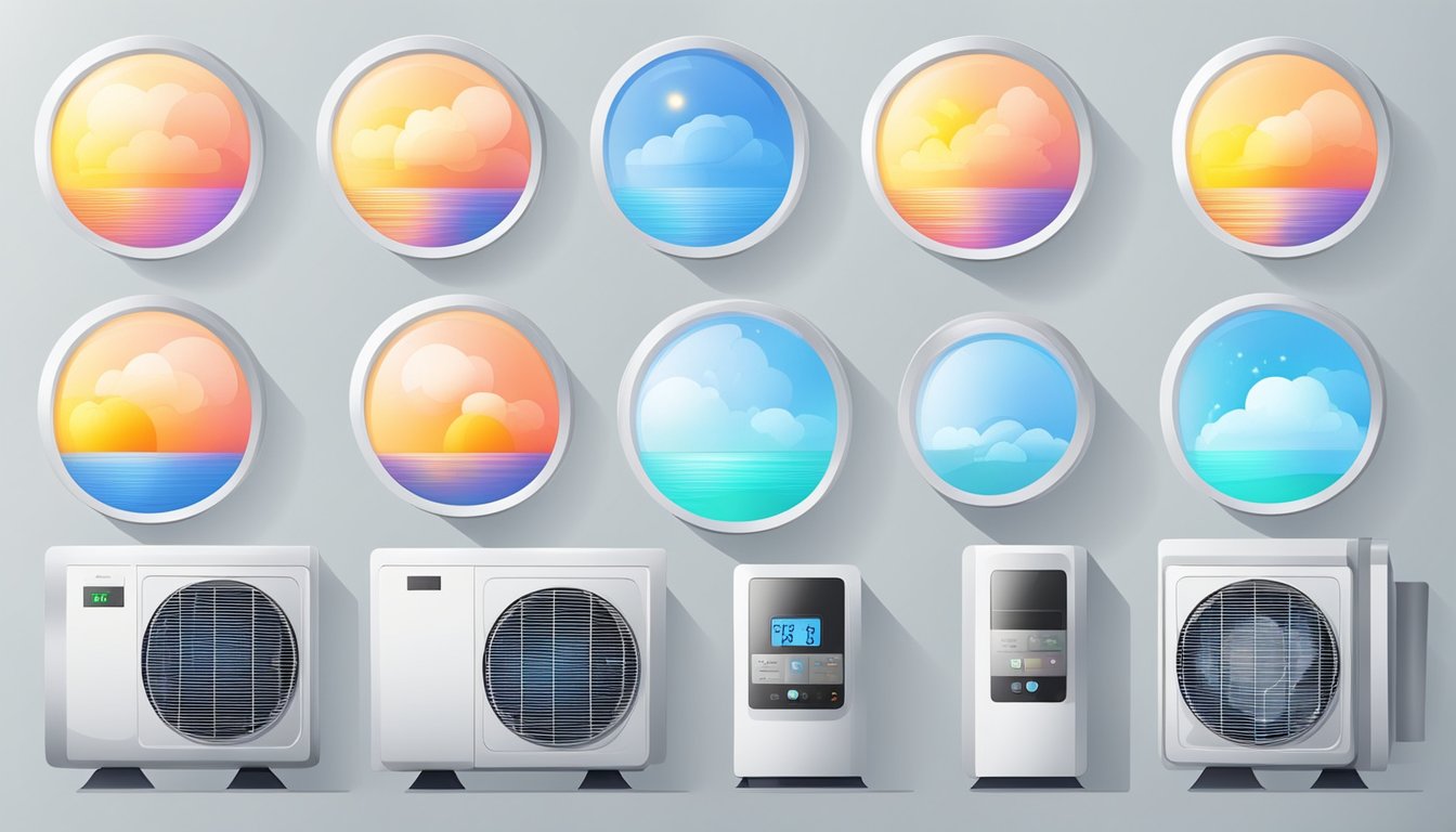 The air conditioning unit is set to different modes, including cooling, heating, and fan. The temperature settings are adjusted using a remote control