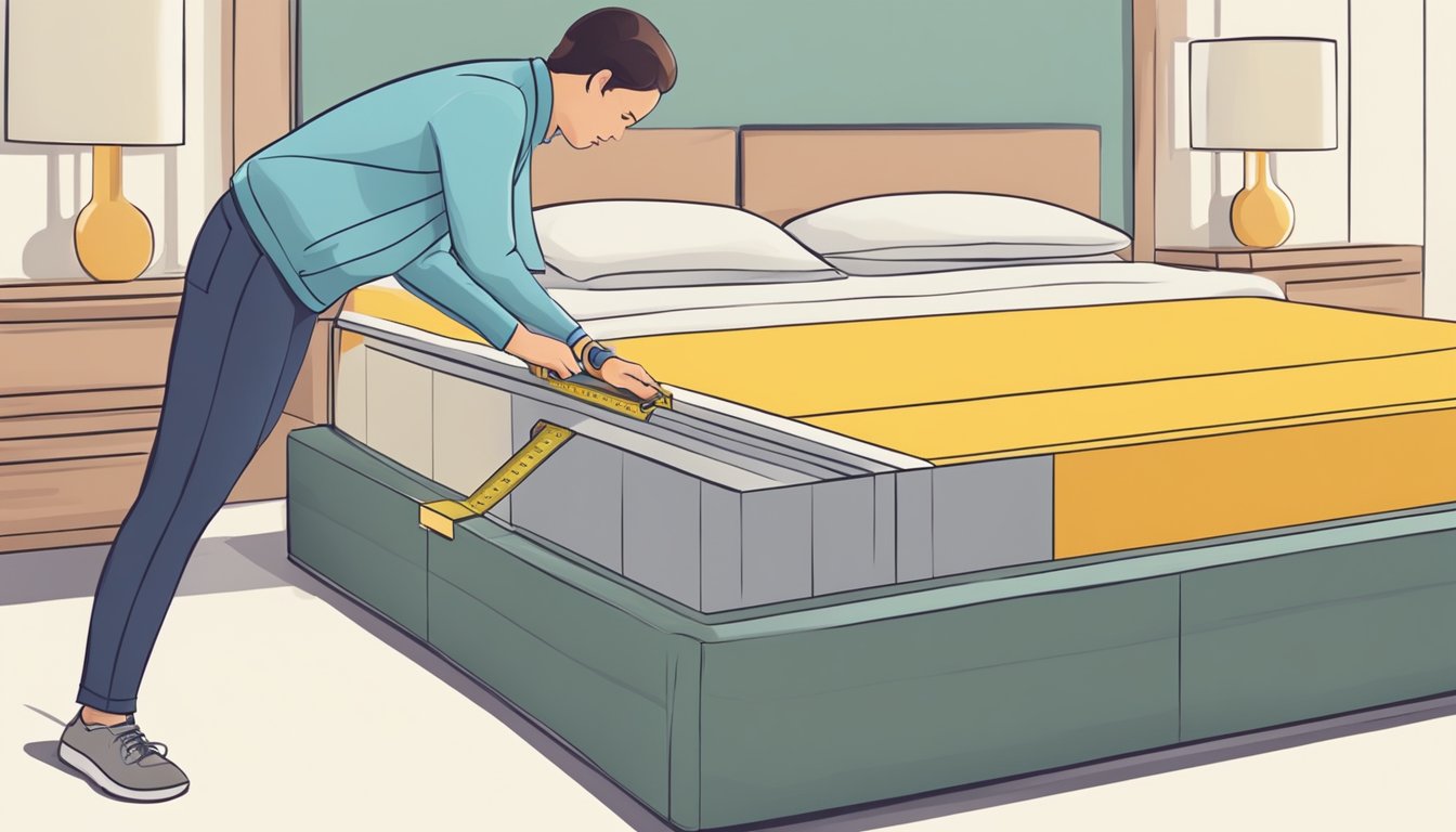 A person measures a queen size bed in centimeters using a tape measure