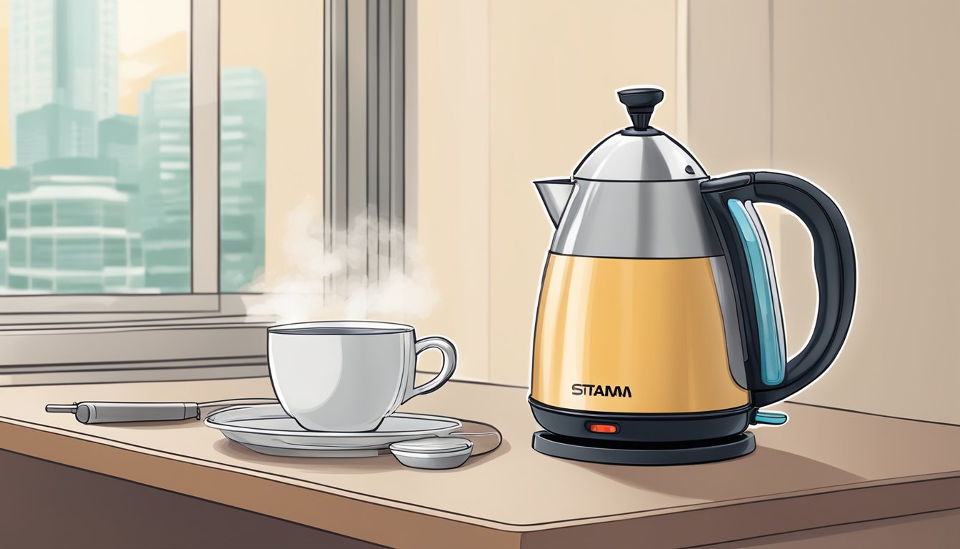 A travel kettle sits on a hotel room desk in Singapore, steam rising from its spout as it boils water