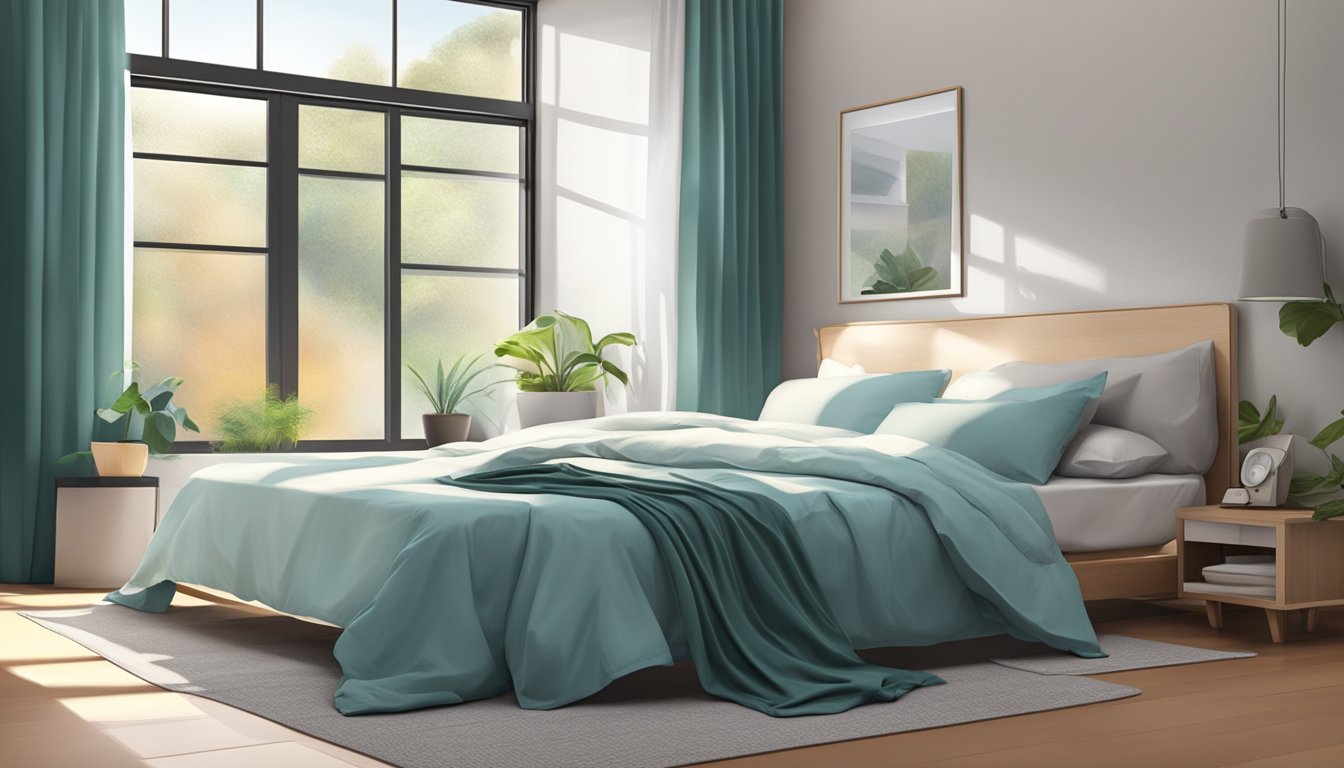 A bed with cooling sheets, surrounded by a fan and open window