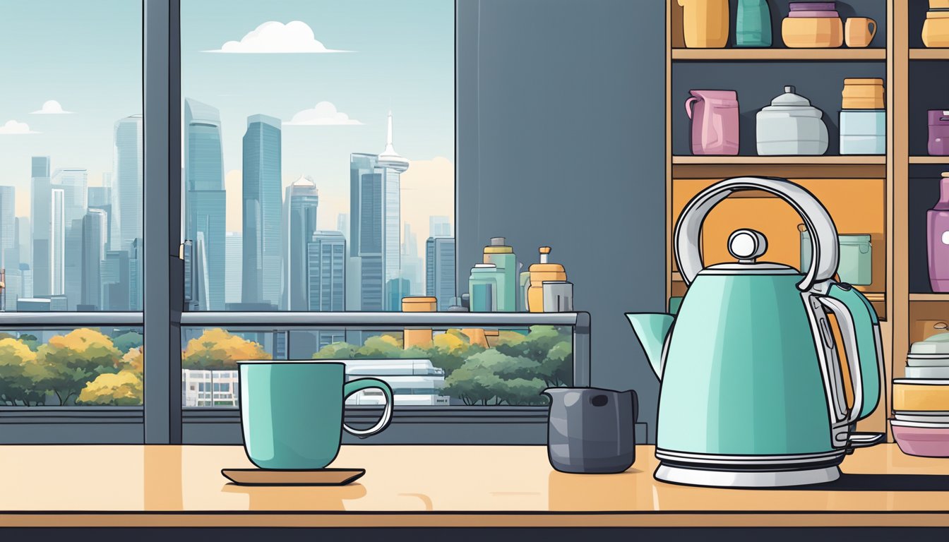 A hand reaches for a compact travel kettle on a store shelf, with the iconic skyline of Singapore visible through the window in the background