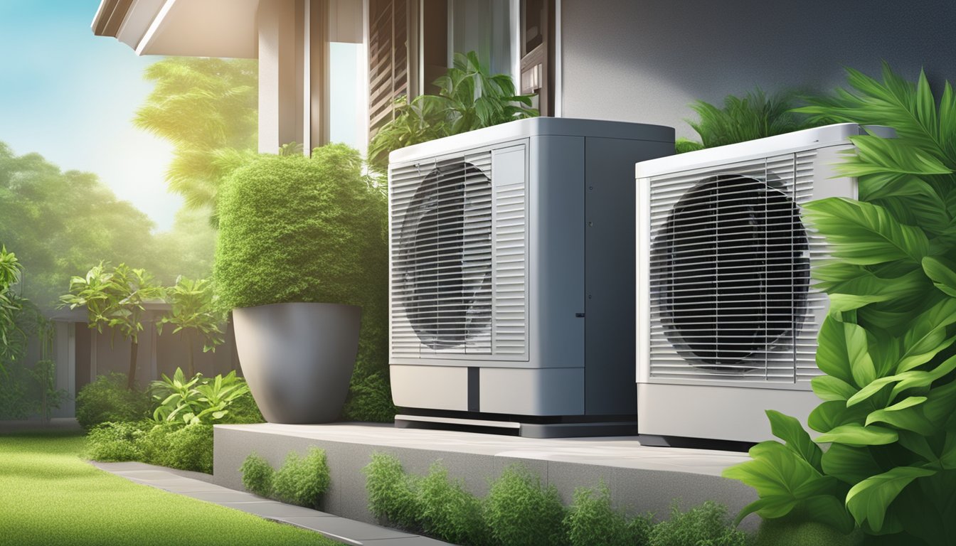 The hot Singaporean climate causes air conditioners to work harder, with condensation forming on the units. Outdoor units are surrounded by lush greenery