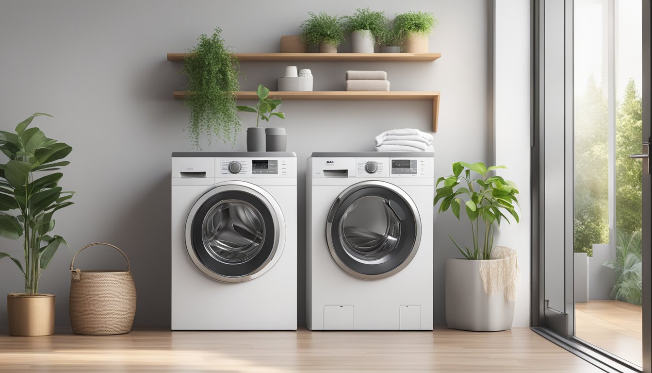 A sleek, modern top load washing machine in a bright, clean laundry room with a window and potted plants