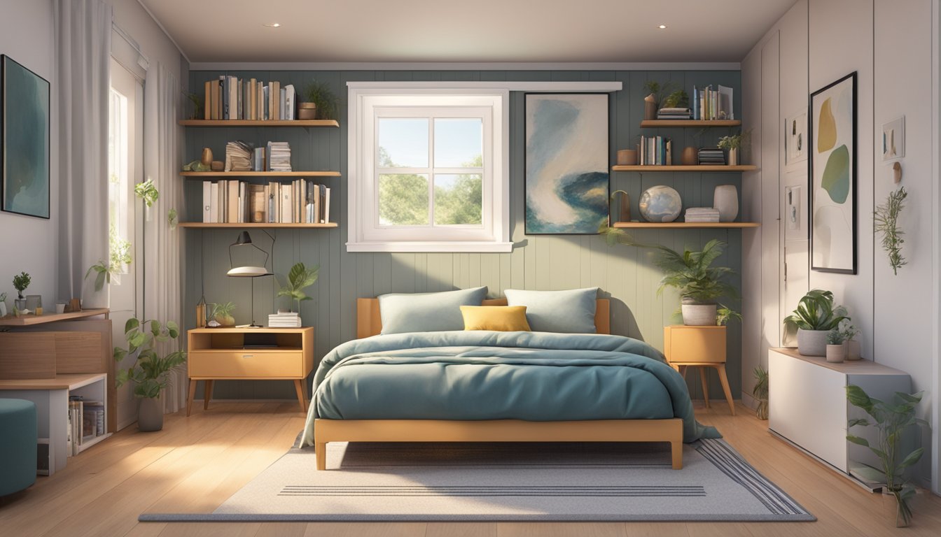 A cozy bedroom with a super single bed centered against a wall, with dimensions of 48 inches wide and 75 inches long