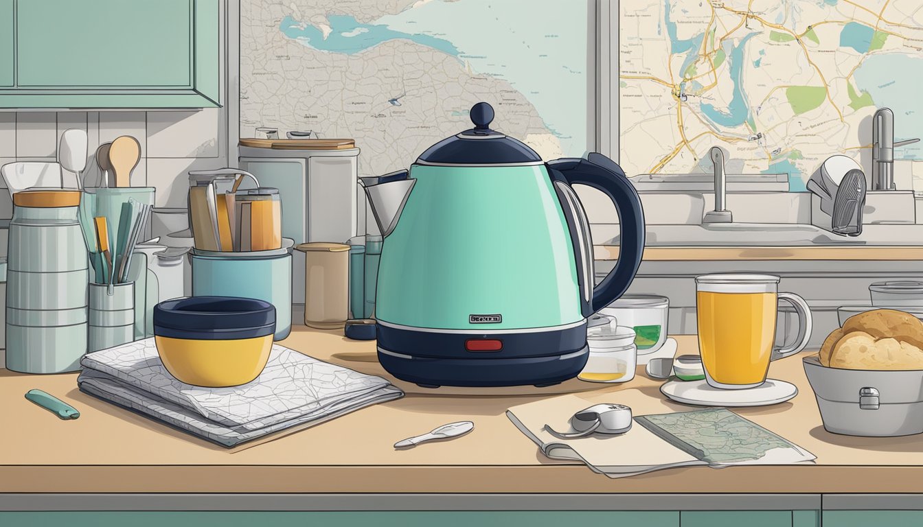 A compact travel kettle sits on a kitchen countertop in Singapore, surrounded by travel essentials and a city map