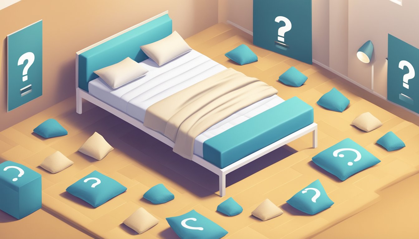 A bed with cooling sheets, surrounded by question marks and a FAQ sign