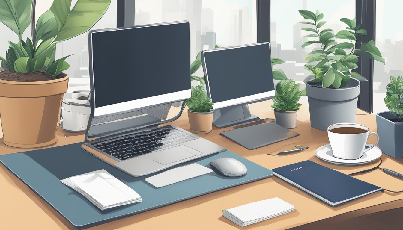 A cluttered computer desk in Singapore with a laptop, keyboard, mouse, notepad, and pen. A cup of coffee and a potted plant sit nearby