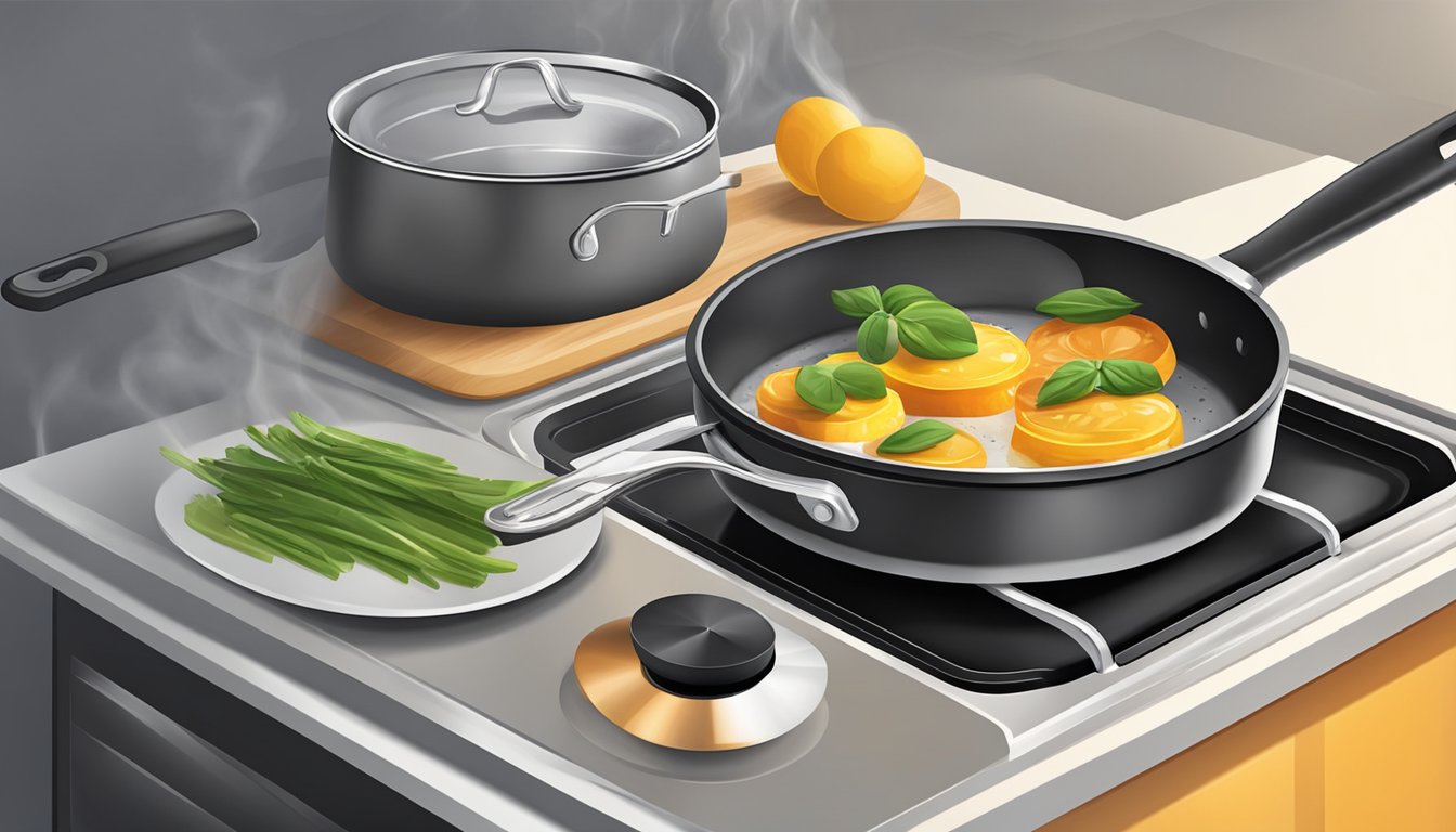 A ceramic pan sizzles on a stovetop, emitting steam and a savory aroma