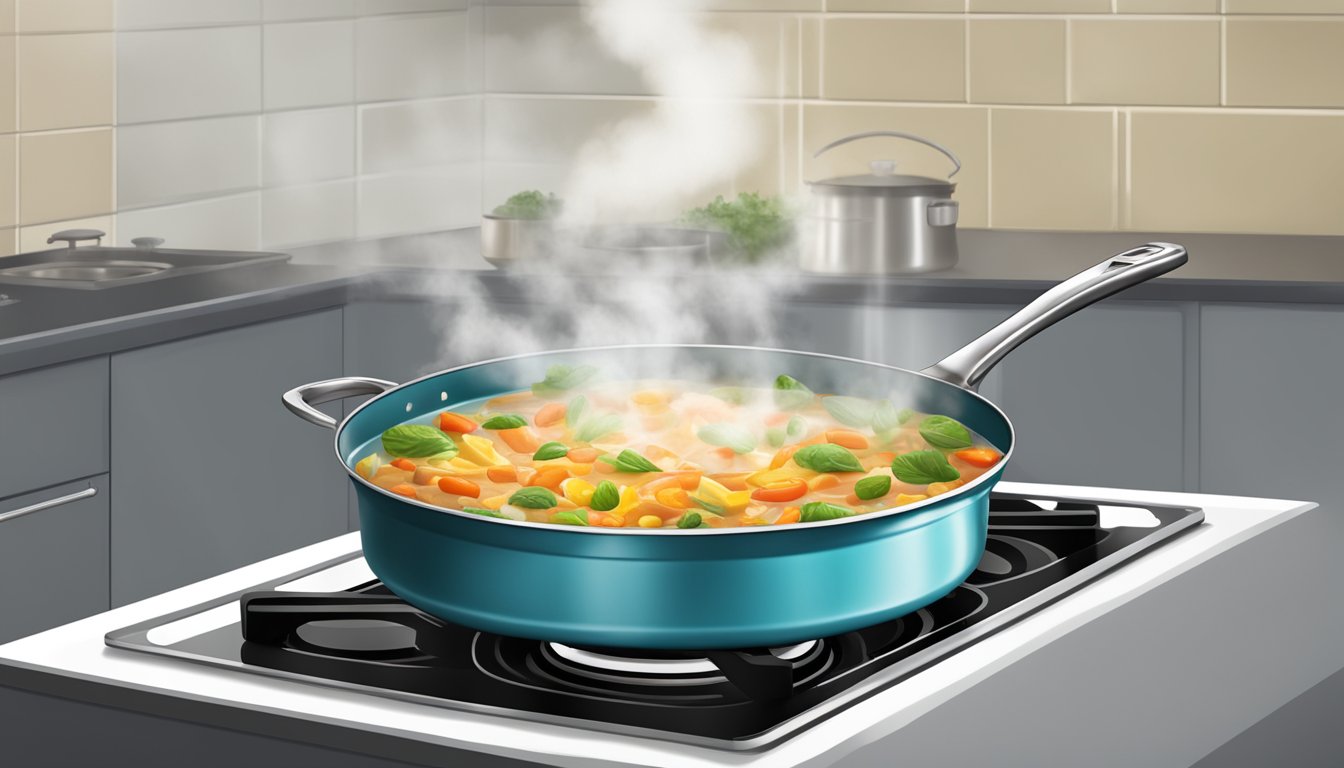 A ceramic pan sits on a stovetop, steam rising from freshly cooked food