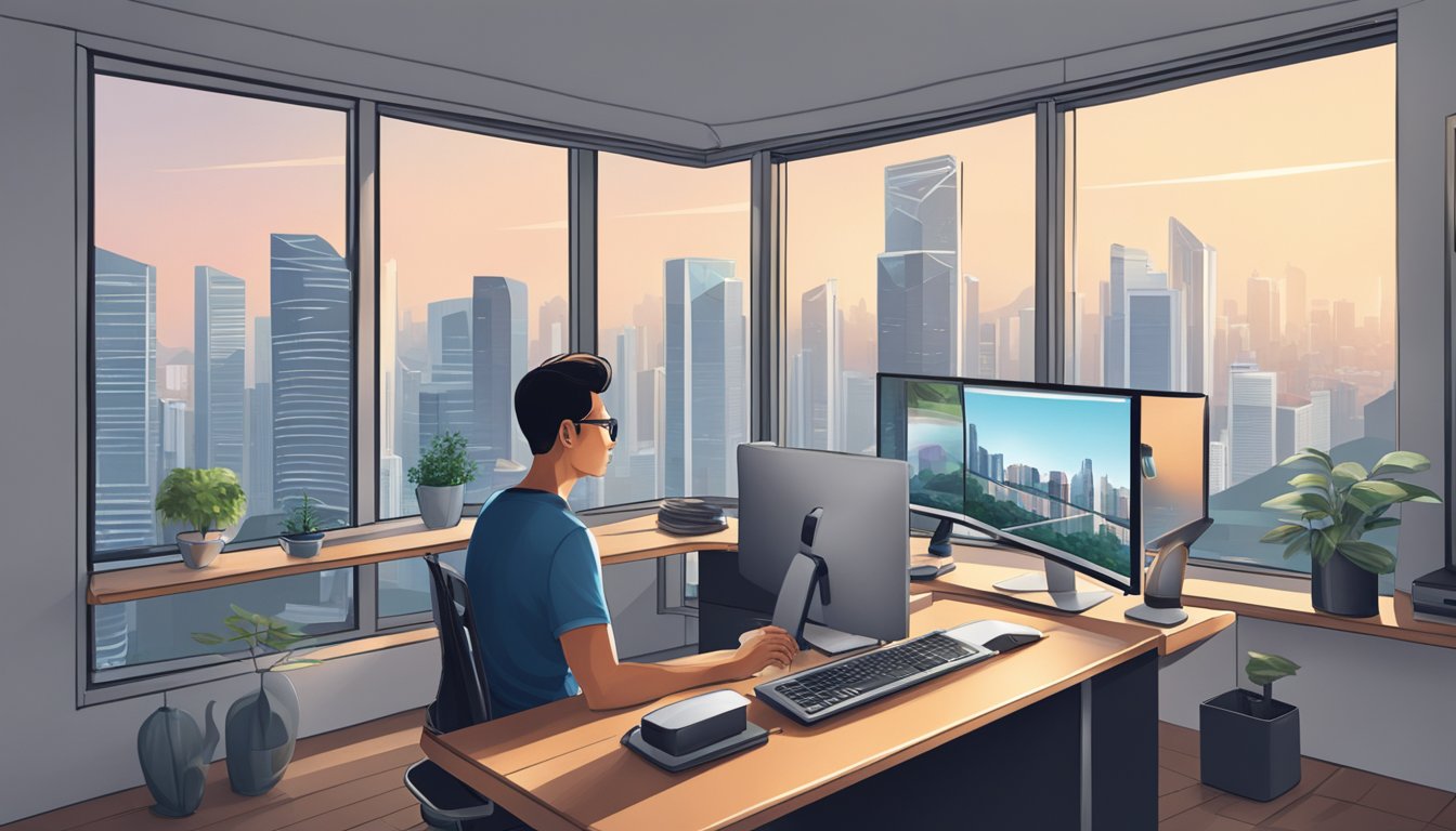 A person in a Singapore home selects a sleek computer desk from a variety of options, with a city skyline visible through the window