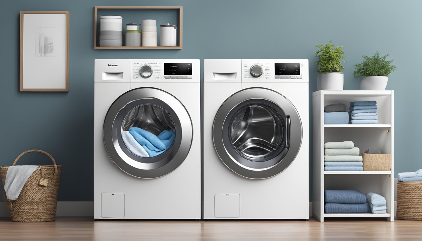 Two washing machines side by side, one front load and one top load. The front load has a sleek design and digital display, while the top load has a traditional look with a manual dial