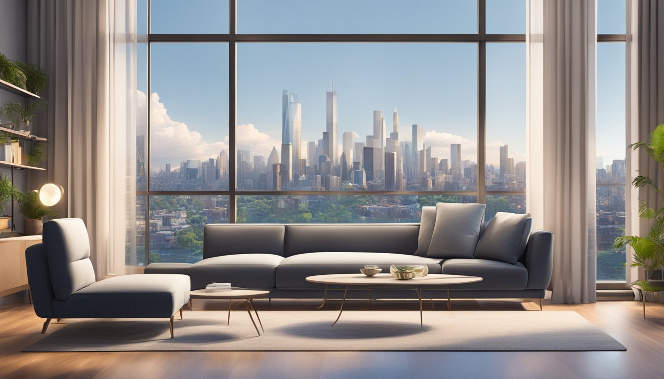 A sleek, modern sofa sits in a well-lit living room, surrounded by elegant decor and a view of the city skyline through the window