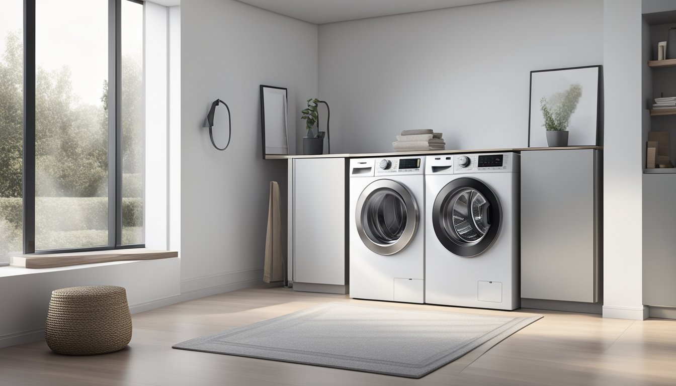 A sleek, modern front load washing machine sits against a clean, white backdrop, with a digital display and a large glass door