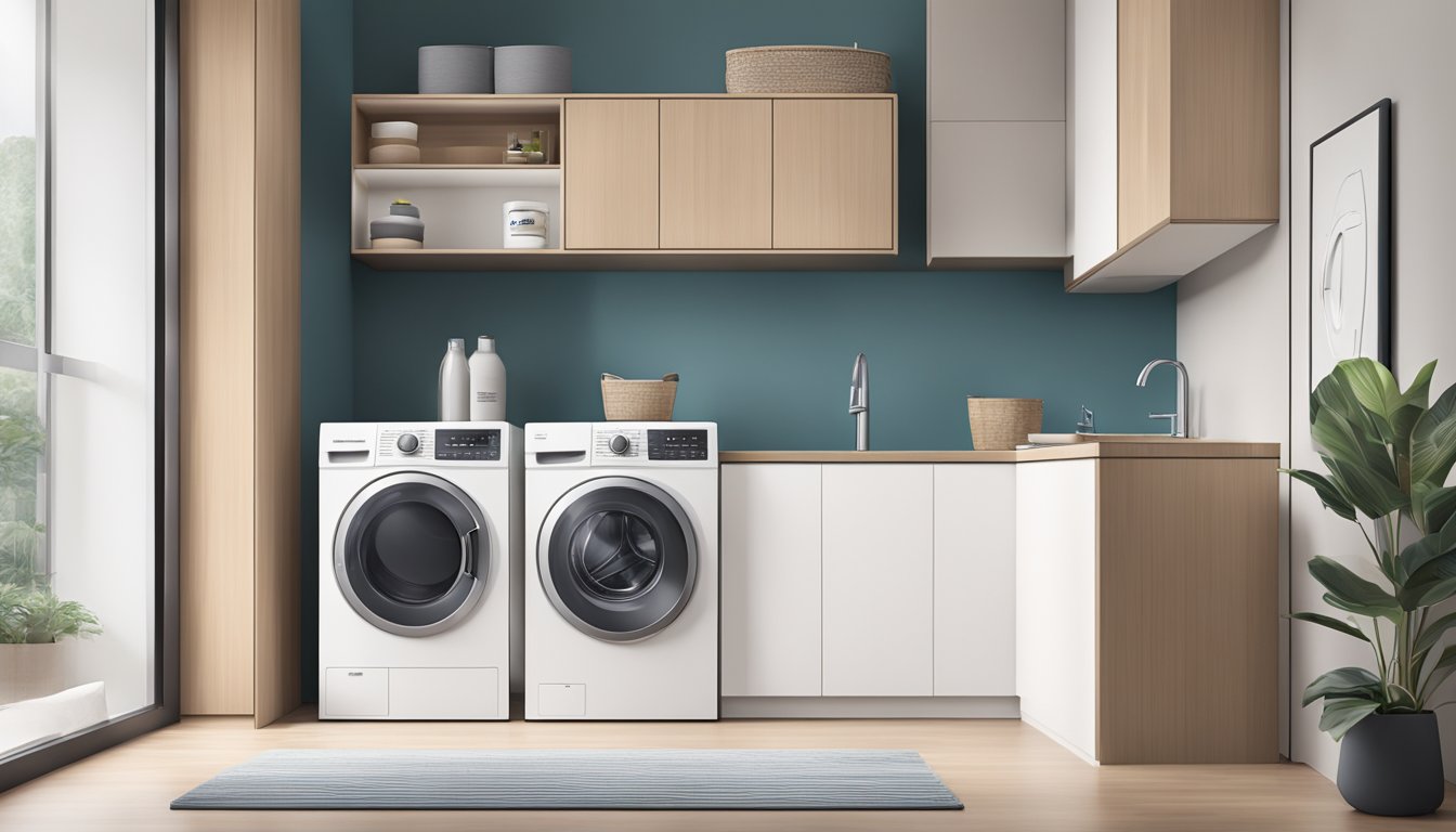 A modern washer and dryer set in a sleek Singaporean apartment, with clean lines and minimalist design