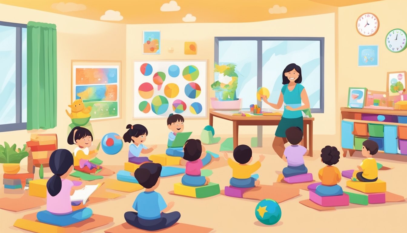A preschool classroom in Singapore, with colorful educational materials and toys. A teacher leads a group of young children in various learning activities