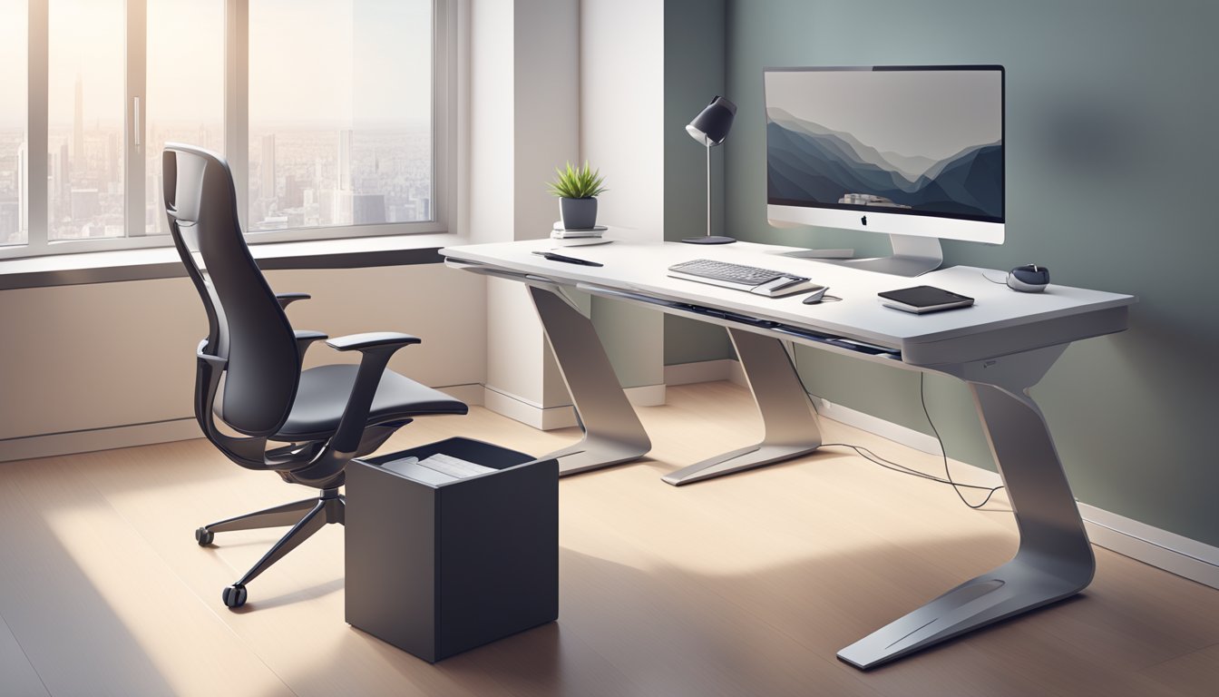 A sleek, modern computer desk in a well-lit workspace, with integrated cable management, adjustable height, and stylish storage compartments