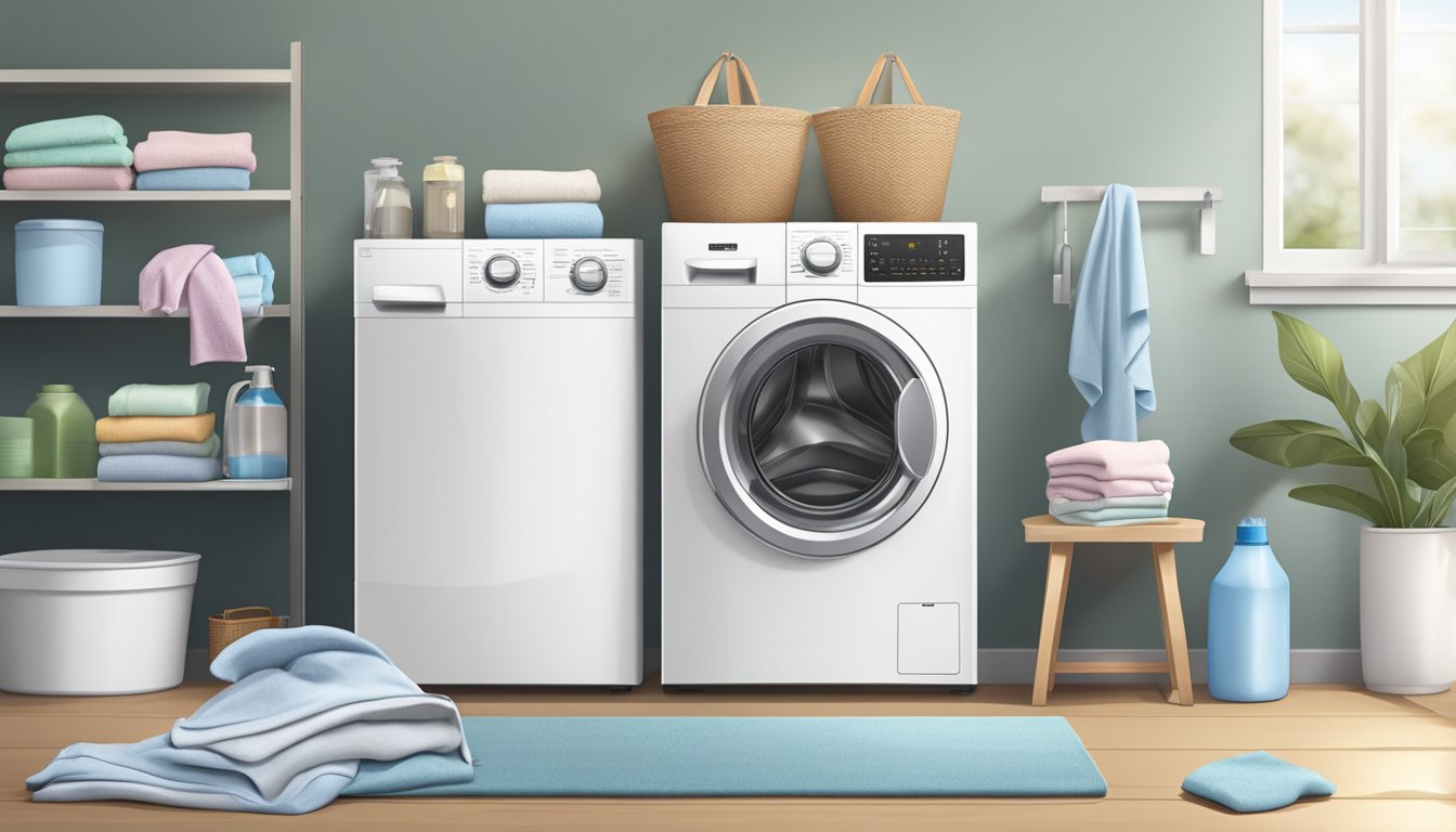 A front load washing machine and a top load washing machine side by side, with laundry detergent and clothes nearby