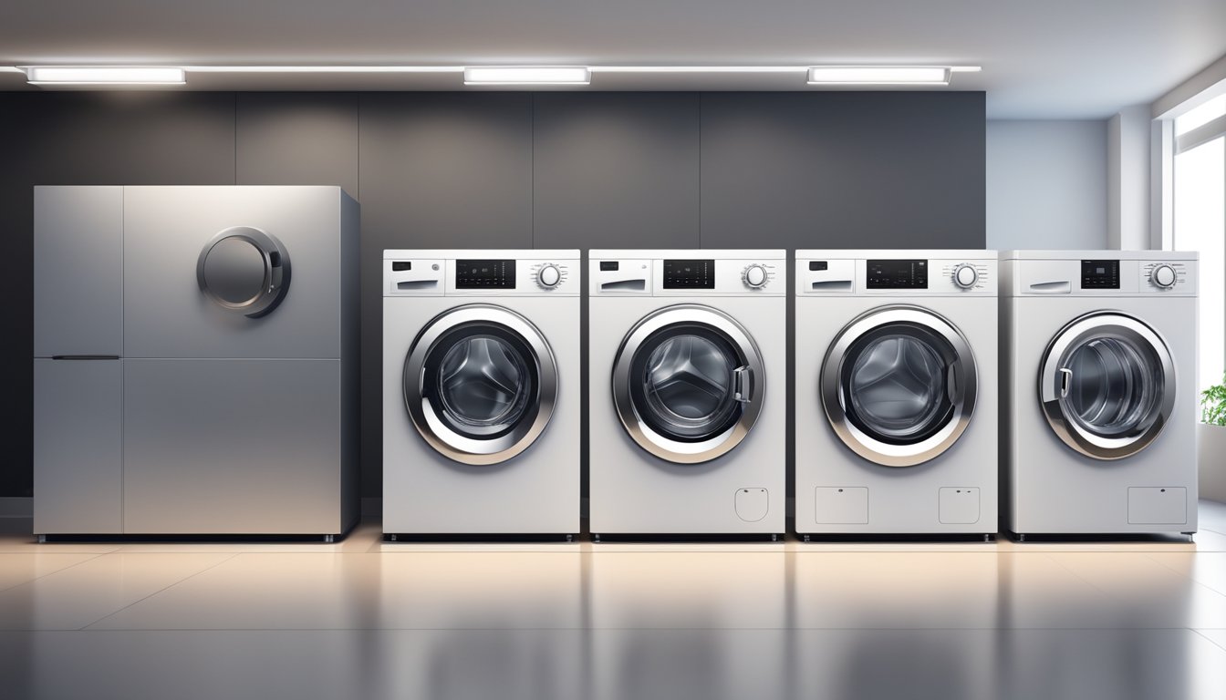 A row of sleek, modern front load washing machines on display, with bright spotlighting and clean, minimalist surroundings