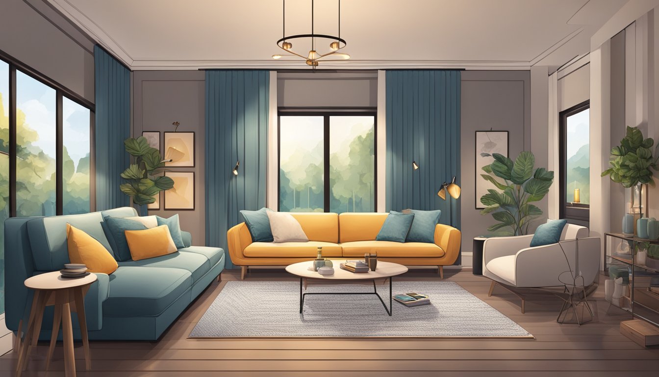 A cozy living room with a sleek, modern sofa as the focal point, surrounded by stylish decor and soft lighting